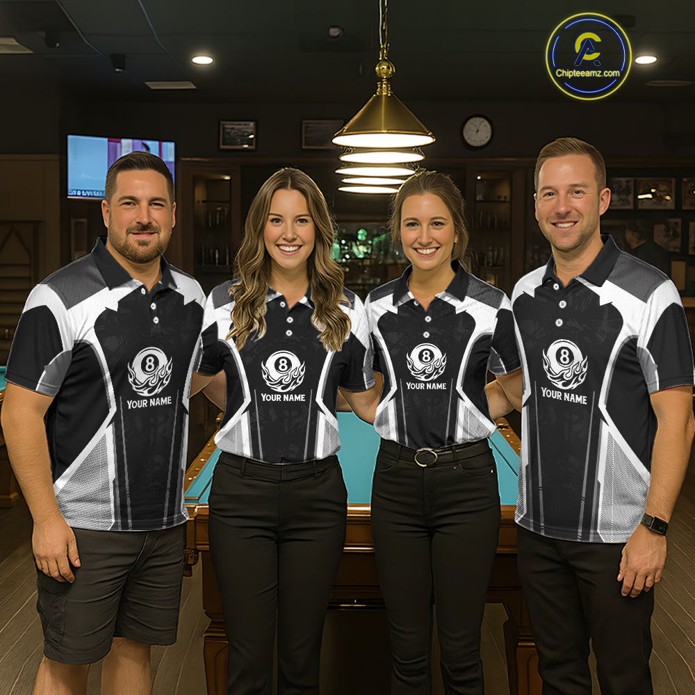 White And Black Billiard Pool Women Polo & 1/4-Zip Team Shirts Custom 8 Ball Billiards Cue Attire NYN2458