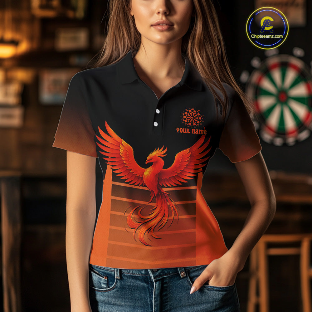 Women's Custom Darts Shirt With Amber Phoenix And Flame Dartboard, Darts Jersey NYN0261