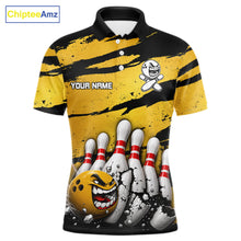 Load image into Gallery viewer, Men's yellow grunge cracked bowling ball and pins polo shirt mockup custom bowling league jersey