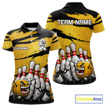 Load image into Gallery viewer, Women's yellow grunge cracked bowling ball and pins polo shirt mockup custom bowling league jersey