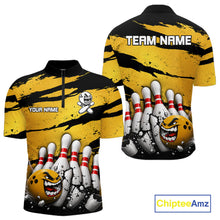 Load image into Gallery viewer, Men's yellow grunge cracked bowling ball and pins quarter zip shirt mockup custom bowling league jersey