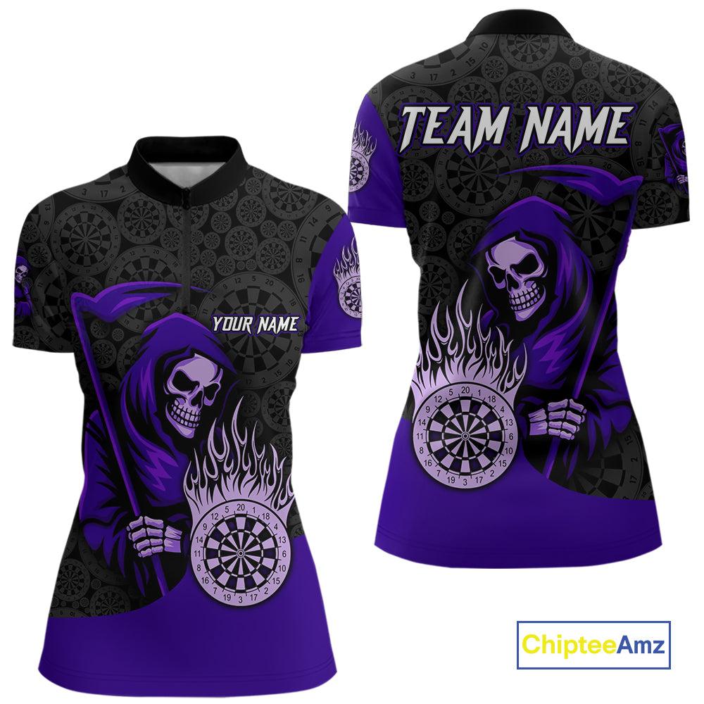 Custom Purple Grim Reaper Flame Dartboard Dart Quarter-Zip Jerseys For Women Dart Shirt Gifts NYN1645