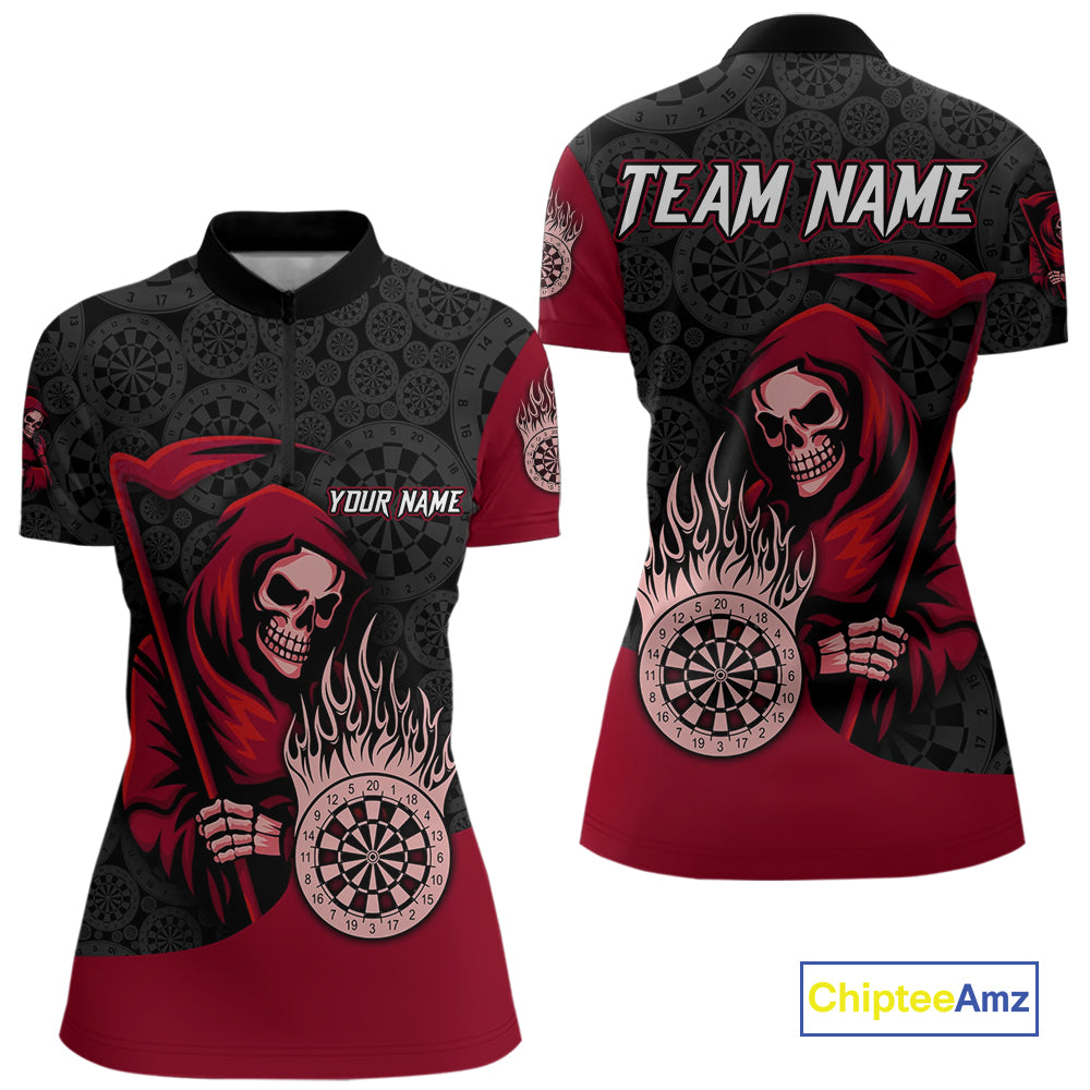 Custom Red Grim Reaper Flame Dartboard Dart Quarter-Zip Jerseys For Women Dart Shirt Gifts NYN1646