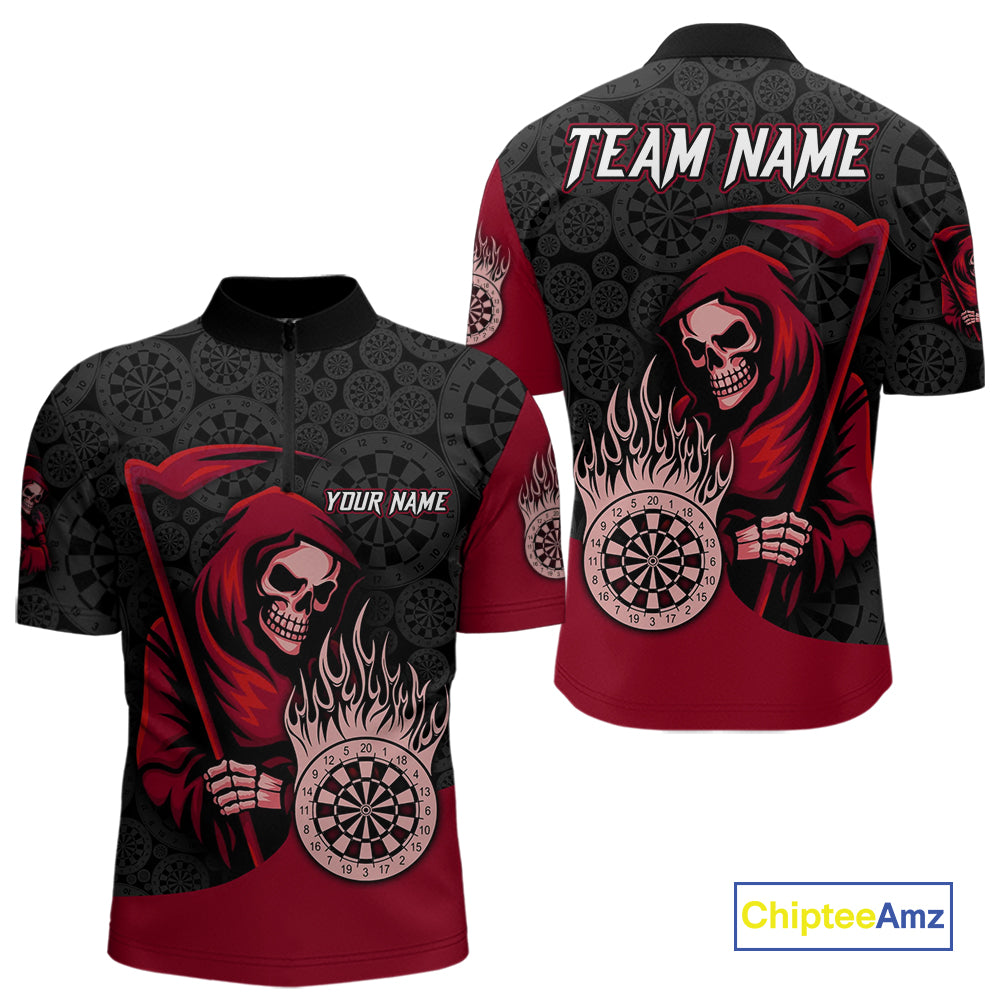 Custom Red Grim Reaper Flame Dartboard Dart Quarter-Zip Jerseys For Men Dart Shirt Gifts NYN1646