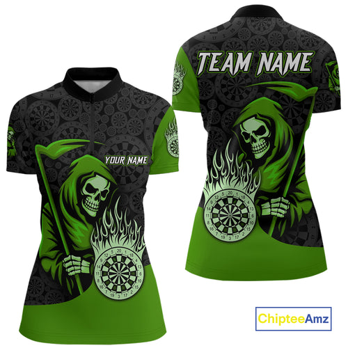 Custom Green Grim Reaper Flame Dartboard Dart 1/4-Zip Jerseys For Women Dart Shirt Gifts NYN1647