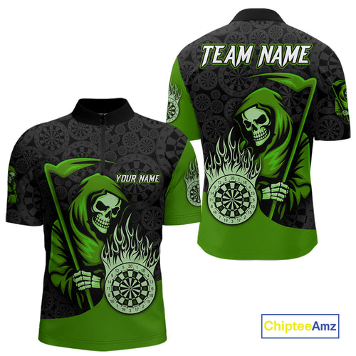 Custom Green Grim Reaper Flame Dartboard Dart Quarter-Zip Jerseys For Men Dart Shirt Gifts NYN1647