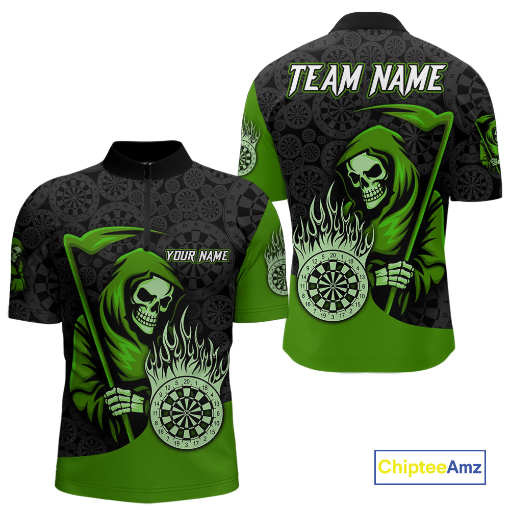 Custom Green Grim Reaper Flame Dartboard Dart Quarter-Zip Jerseys For Men Dart Shirt Gifts NYN1647