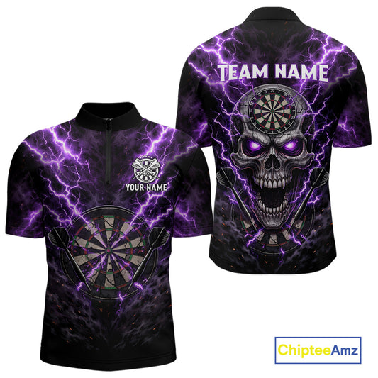 Thunder Lightning Purple Cracked Skull Dartboard Dart 1/4-Zip Shirts For Men Custom Dart Team Shirts NYN2676