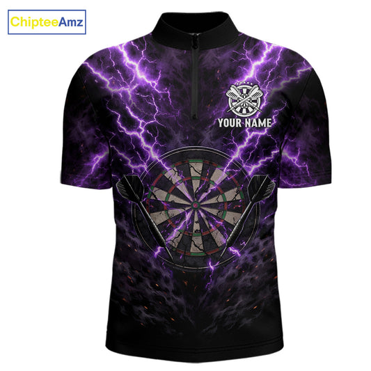 Thunder Lightning Purple Cracked Skull Dartboard Dart 1/4-Zip Shirts For Men Custom Dart Team Shirts NYN2676