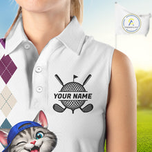Load image into Gallery viewer, Womens Colorful Argyle Golf Shirts Custom Cat Golfer Golf Sleeveless Polo Jersey, Best Golf Gifts NYN3052