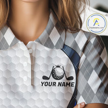 Load image into Gallery viewer, Blue And Grey Argyle Polo Golf Shirts For Women Custom White Ball Golf Team Attire For Golfers NYN3058