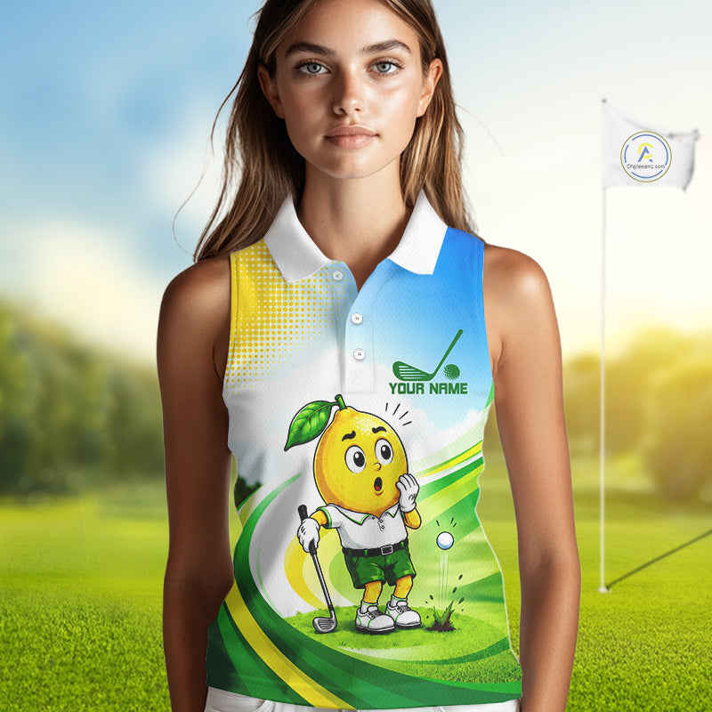 Woman wearing funny lemon golf sleeveless polo shirt during golf tournament