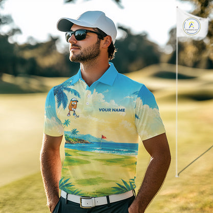 Man wearing funny potato golf polo shirt during golf tournament