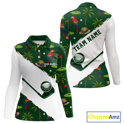 Women's parrot palm tree golf polo shirt mockup tropical UPF golf apparel