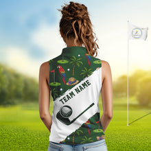 Load image into Gallery viewer, Woman wearing parrot palm tree golf sleeveless polo shirt on sunny golf course