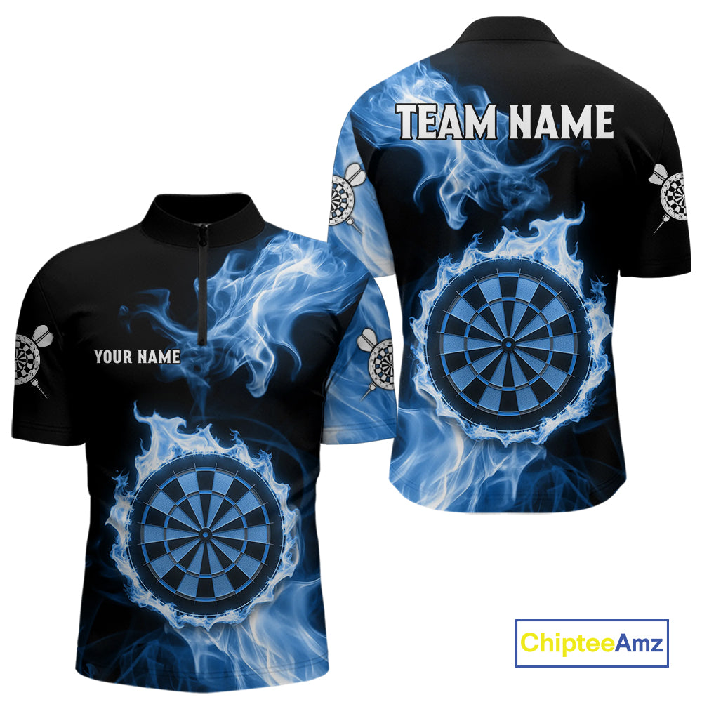Custom Black And Blue Flames Dartboard Dart Men Quarter-Zip Jerseys Outfits Dart Team Shirt NYN1663