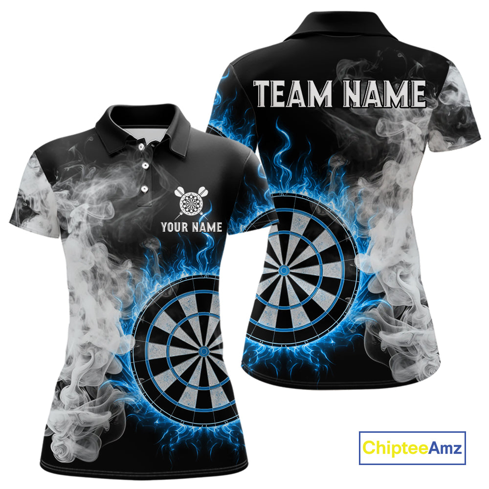 Custom White Smokes Blue Flames Dartboard Dart Women Polo Jerseys Dart Team Shirt NYN1668
