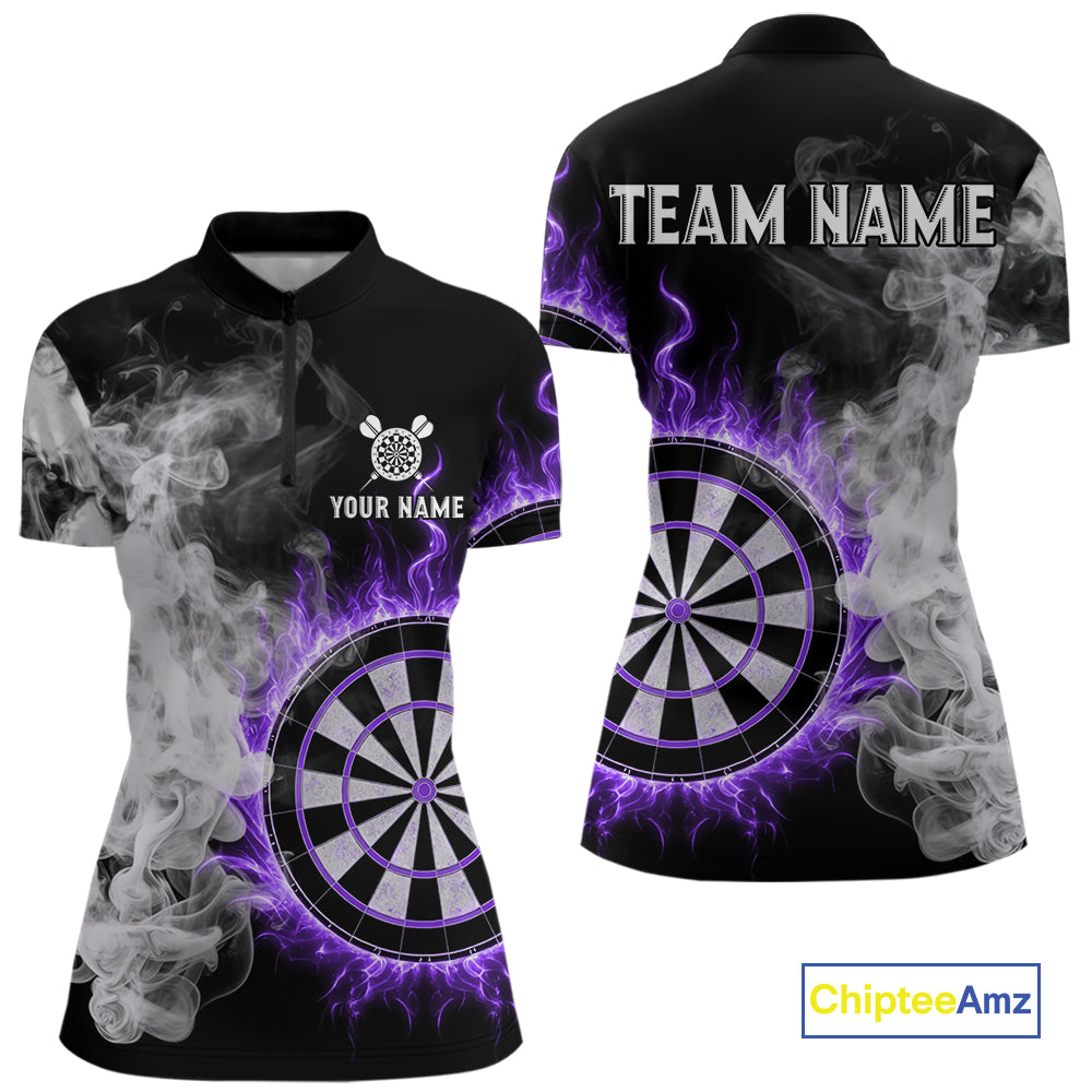 Custom White Smokes Purple Flames Dartboard Dart Women Quarter-Zip Jerseys Dart Team Shirt NYN1669