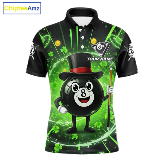 Funny Patrick Day 8 Ball Pool Men's Billiard Polo & 1/4 Zip Shirt Custom Shamrock Billiard Attire NYN2479