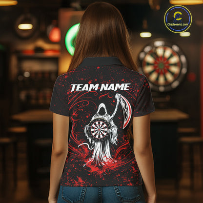 Black & Red Splatter Grim Reaper Hold Dartboard Dart Polo Shirts For Women Custom Dart Team Shirts NYN2681