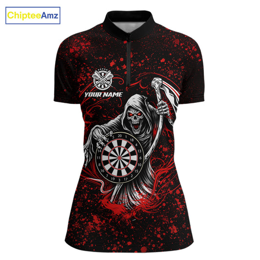 Black & Red Splatter Grim Reaper Hold Dartboard Dart 1/4-Zip Shirts For Women Custom Dart Team Shirts NYN2681