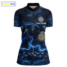 Load image into Gallery viewer, Blue Smoking Grim Reaper Dartboard Dart 1/4-Zip Shirts For Women Custom Multiskull Dart Team Shirts NYN2683