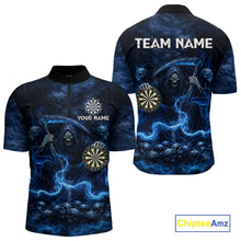 Load image into Gallery viewer, Blue Smoking Grim Reaper Dartboard Dart 1/4-Zip Shirts For Men Custom Multiskull Dart Team Shirts NYN2683