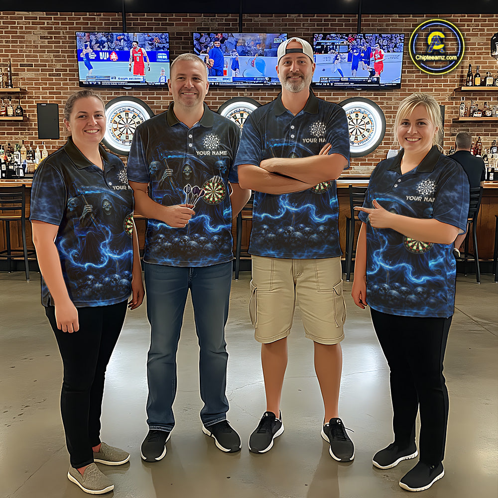 Blue Smoking Grim Reaper Dartboard Dart Polo Shirts For Men Custom Multiskull Dart Team Shirts NYN2683