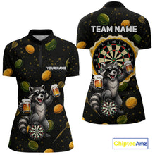 Load image into Gallery viewer, Women's beer and raccoon dart quarter zip shirt mockup custom dart apparel