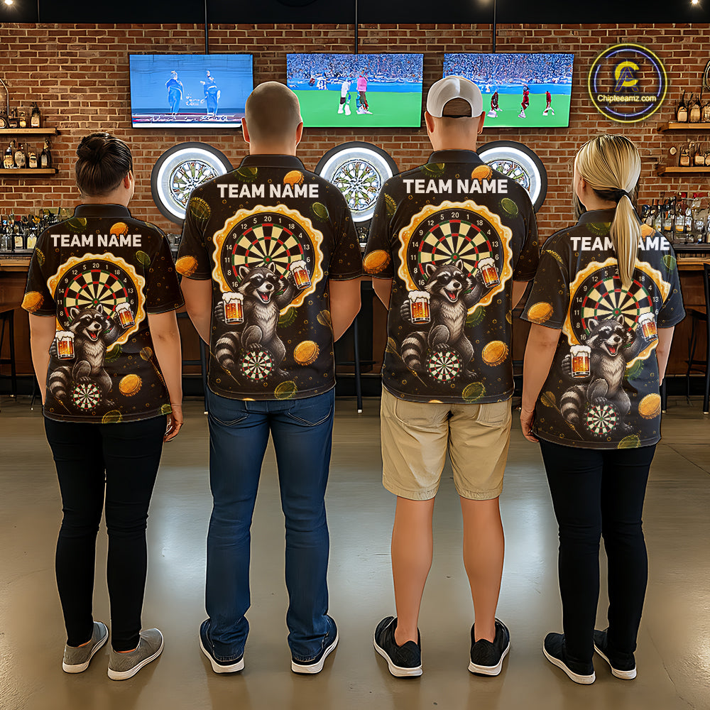 Men's dart team wearing beer and raccoon dart jerseys custom tournament uniforms