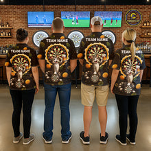 Load image into Gallery viewer, Men's dart team wearing beer and cat dart jerseys custom tournament uniforms