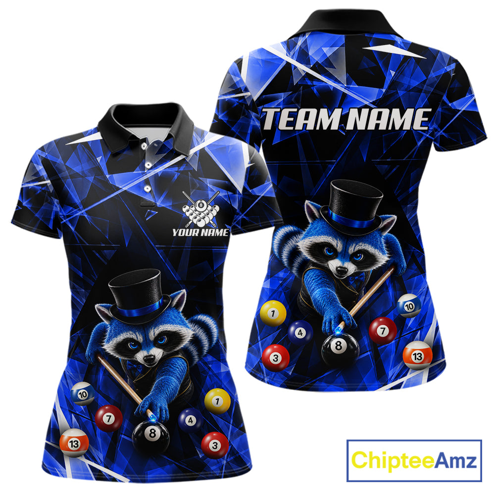 Funny Raccoon 8 Ball Billiard Shirt For Women Custom Blue Broken Glass Pool Polo & 1/4 Zip Jersey NYN3790