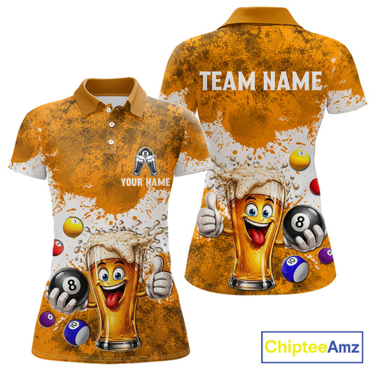 Funny Beer 8 Ball Women Billiard Shirt Custom White Yellow Splatter Paint Billiard Pool Team Clothing NYN3223