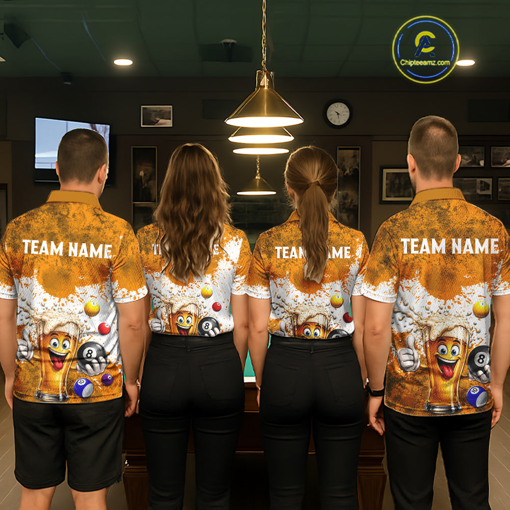 Funny Beer 8 Ball Mens Billiard Shirt Custom White Yellow Splatter Paint Billiard Pool Team Clothing NYN3223