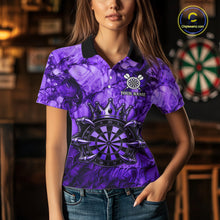 Load image into Gallery viewer, Female dart player wearing Purple Crown Dartboard dart team jersey during tournament play