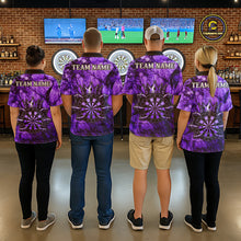 Load image into Gallery viewer, Men women dart team wearing Purple Crown Dartboard personalized dart jerseys for tournament competition