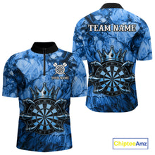 Load image into Gallery viewer, Blue Crown Dartboard Claws Skull men's quarter zip dart jersey personalized dart uniform, custom name dart jersey