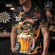 Load image into Gallery viewer, Male dart player wearing Alligator Beer personalized dart shirt, tournament dart apparel and league uniform