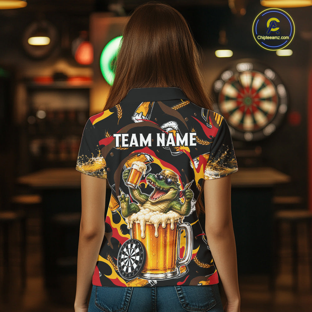 Female dart player wearing Alligator Beer personalized dart shirt, tournament dart apparel