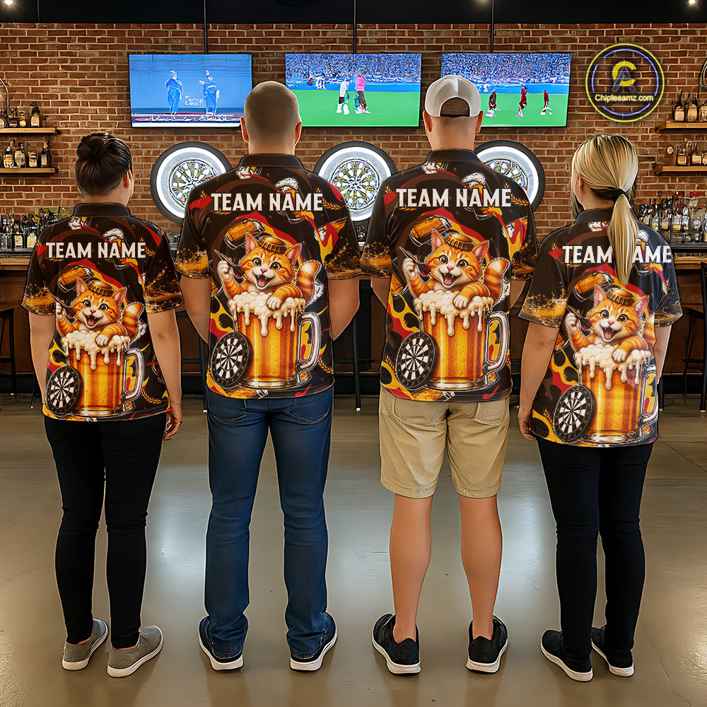 Men women dart team wearing Cool Cat Beer personalized dart jerseys during league competition