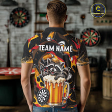 Load image into Gallery viewer, Male dart player wearing Raccoon Beer custom dart jersey during dart match and tournament event