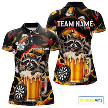 Load image into Gallery viewer, Raccoon Beer women's dart polo shirt personalized dart team uniform, custom name dart jersey, tournament apparel
