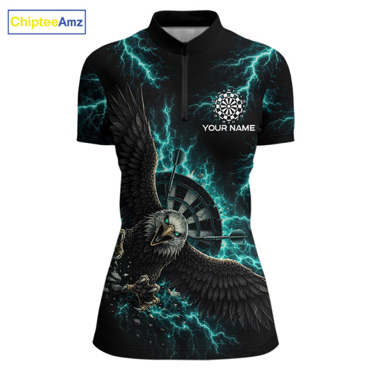 Thunder Teal Eagle Cracked Dartboard Dart 1/4-Zip Shirts For Women Custom Team Name For Darters NYN2699