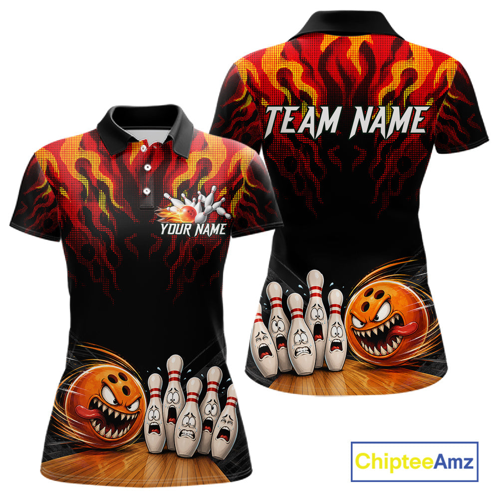 Funny Angry Ball & Pins Women Bowling Shirt Custom Fire Flame Team Bowling Jersey For Bowlers NYN3232