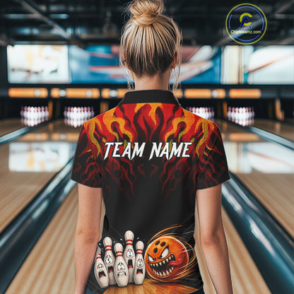 Funny Angry Ball & Pins Women Bowling Shirt Custom Fire Flame Team Bowling Jersey For Bowlers NYN3232