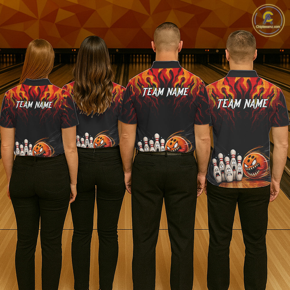 Funny Angry Ball & Pins Mens Bowling Shirt Custom Fire Flame Team Bowling Jersey For Bowlers NYN3232