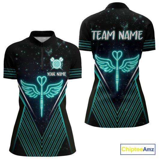 Neon Turquoise Wings Dart Arrow Women's Darts Shirt - Custom Name For Players NYN0555