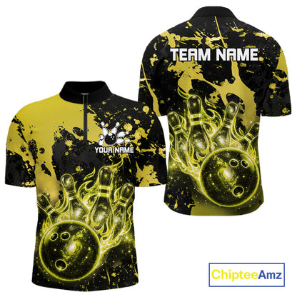 Black and Yellow Galaxy men's quarter zip bowling shirt personalized bowling team apparel, league bowling jersey