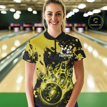Load image into Gallery viewer, Female bowler wearing Black and Yellow Galaxy bowling jersey in competitive bowling league match