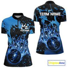 Load image into Gallery viewer, Black and Blue Galaxy women's quarter zip bowling shirt custom bowling league apparel, tournament jersey